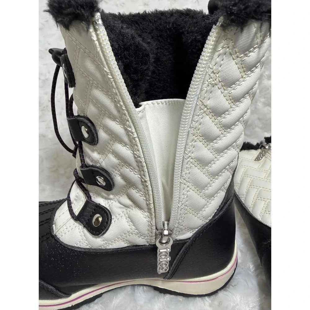 Totes Makenzie Girls Winter Boots‎ White Black Quilted Faux Fur Zip Size 2 Med